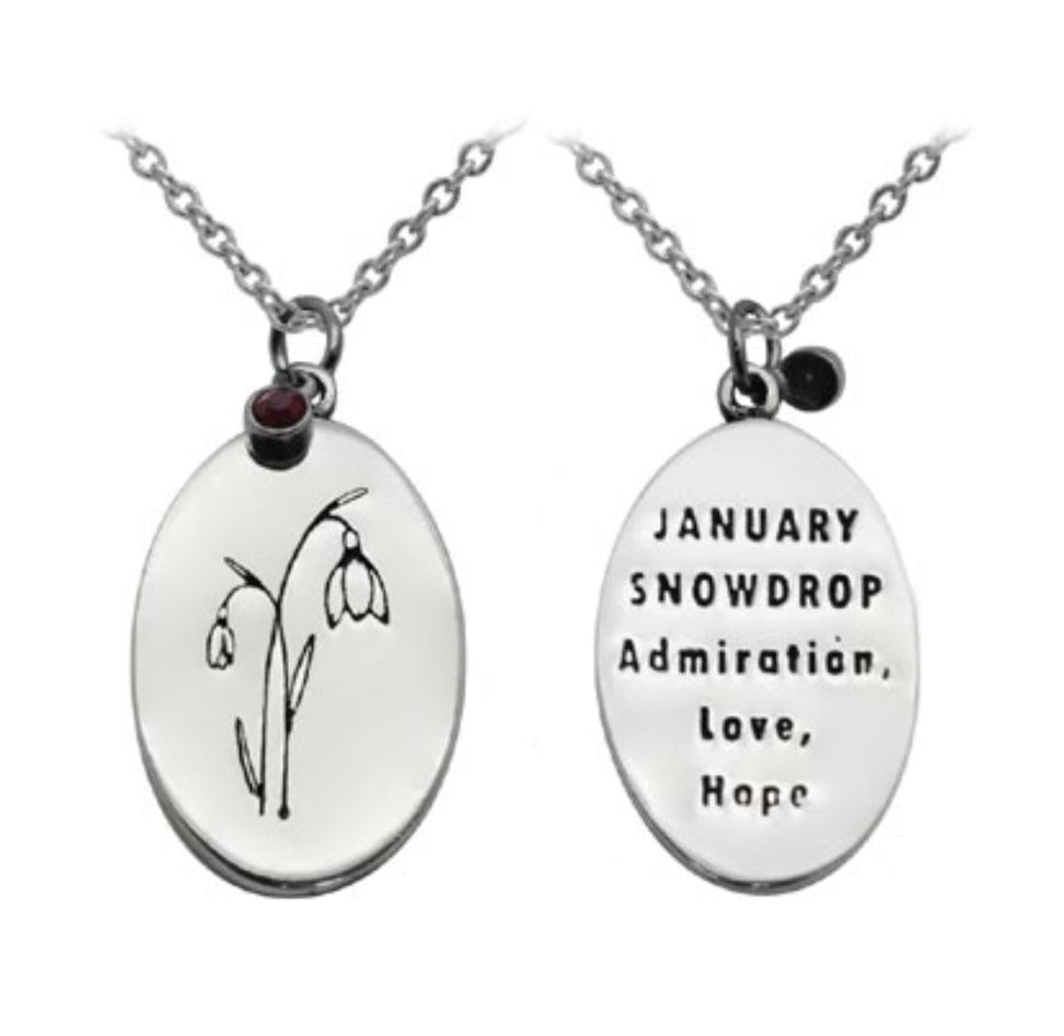 Close-up of birth flower and birthstone pendant with engraved message on backside 925 silver – detailed cute charm