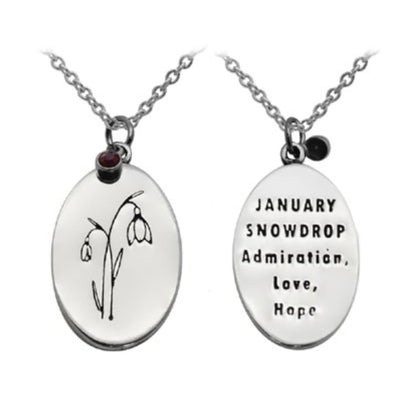 Close-up of birth flower and birthstone pendant with engraved message on backside 925 silver – detailed cute charm
