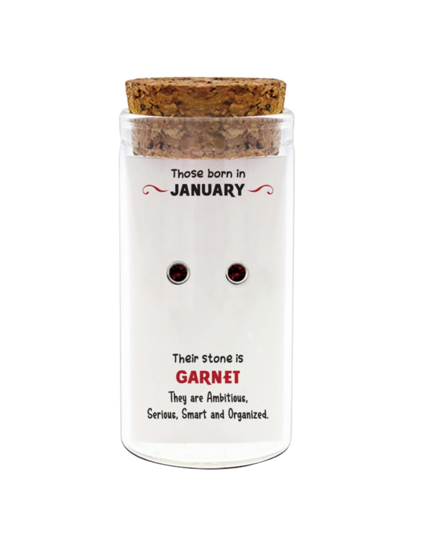 925 sterling silver birthstone stud earrings for January (Garnet) in glass jar with cork lid – birth month stud earrings