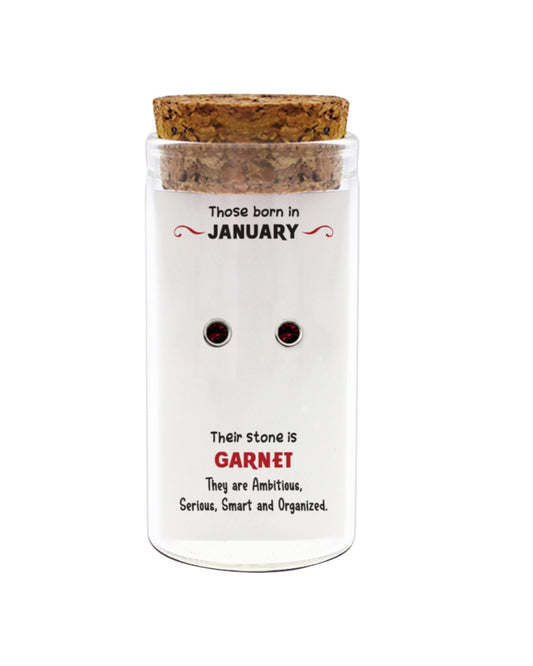 925 sterling silver birthstone stud earrings for January (Garnet) in glass jar with cork lid – birth month stud earrings