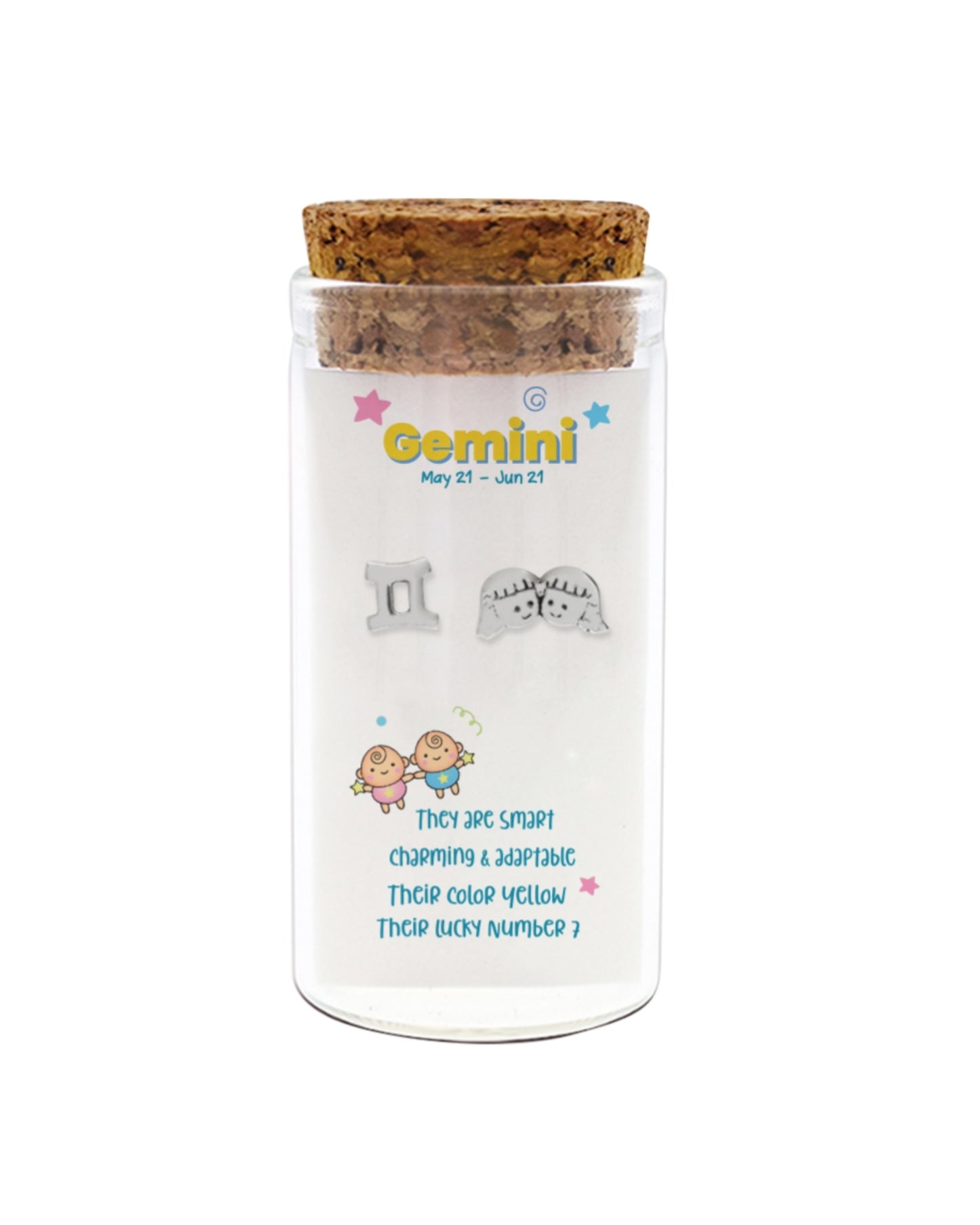Decorative jar with cork lid featuring Gemini zodiac information on a white background