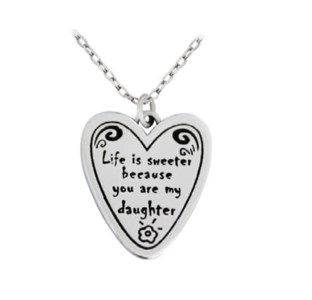 Close-up of heart pendant with "Life is sweeter because you are my Daughter" message 925 silver – detailed cute charm