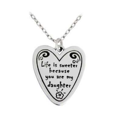 Close-up of heart pendant with "Life is sweeter because you are my Daughter" message 925 silver – detailed cute charm