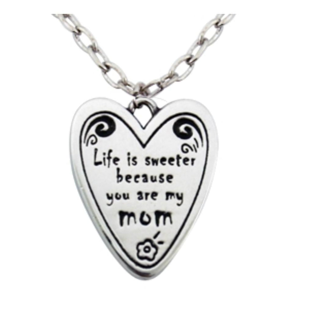 Close-up of heart pendant engraved "Life is Sweeter Because You Are My Mom" 925 sterling silver – sweet Mothers Day jewelry detail