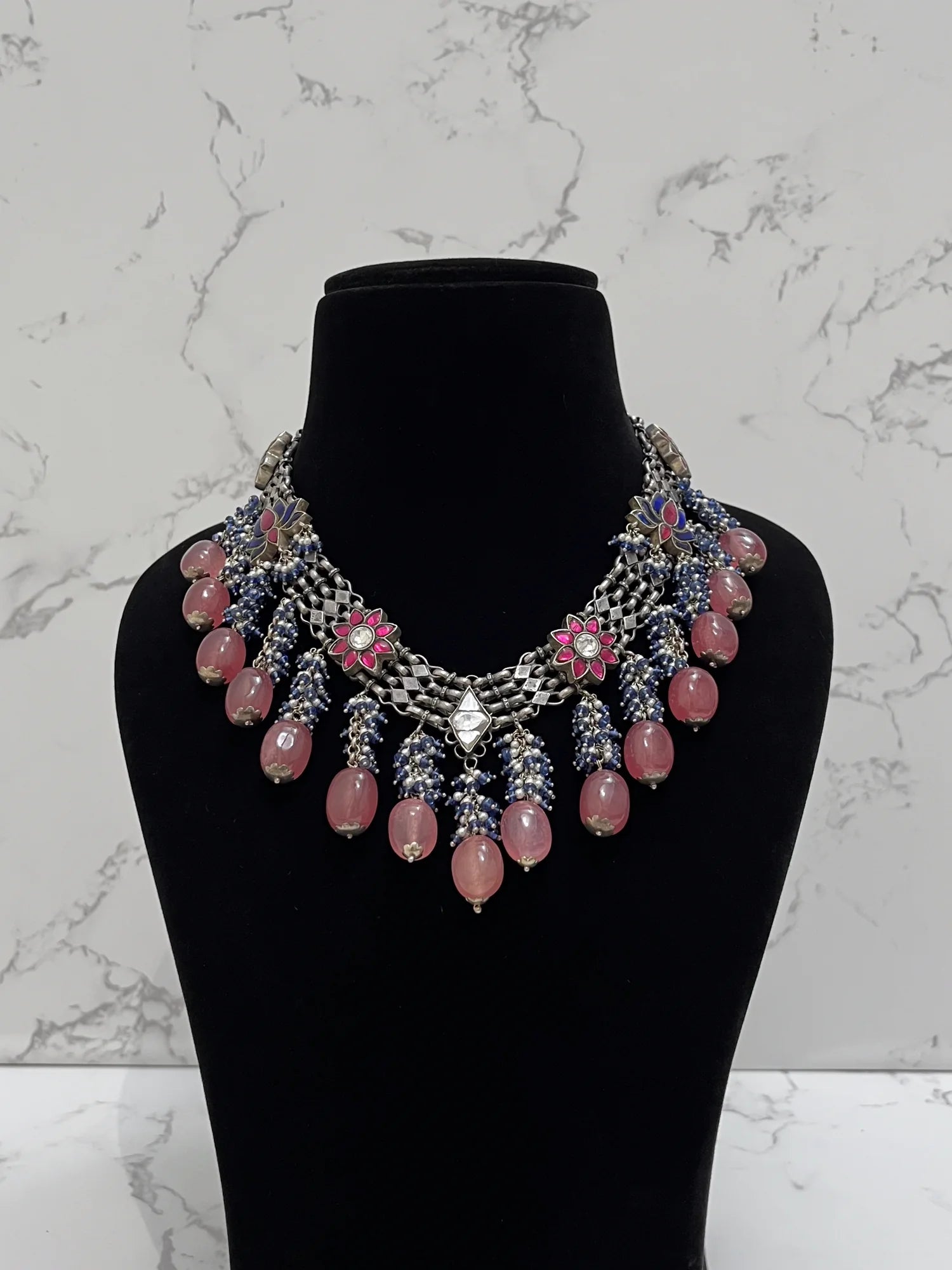 925 hallmarked sterling silver lotus motif necklace with pink beads