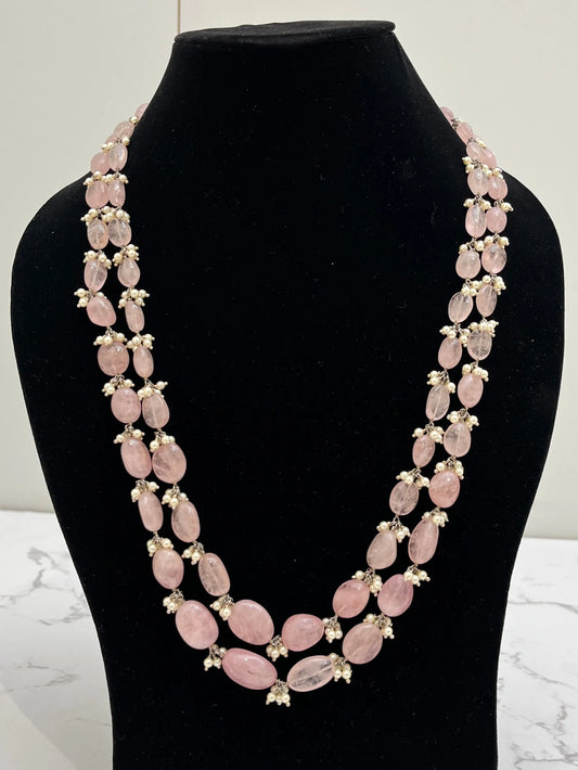 925 hallmarked sterling silver pink stone necklace with pearl beads.