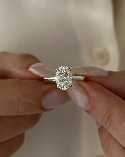 Oval solitaire ring in gold worn on hand showing scale and sparkle