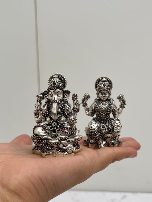 925 sterling silver Lakshmi Ganesha idol pair – Goddess Lakshmi and Lord Ganesha murti
