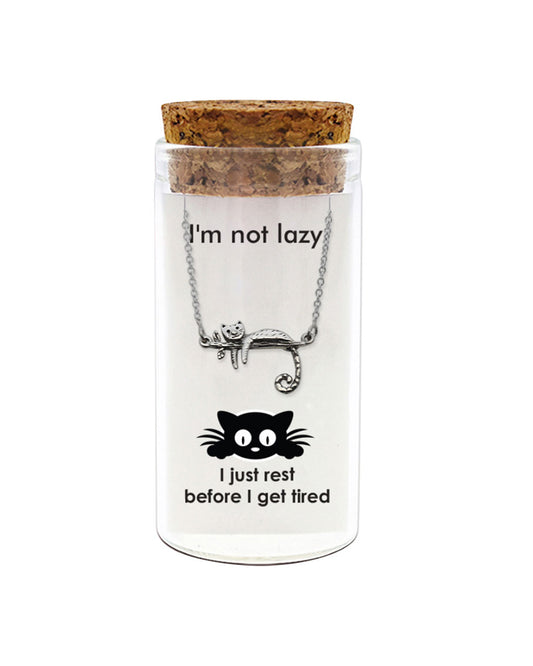 925 sterling silver "I'm not lazy I just rest" cat necklace in glass jar with cork lid – funny lazy cat charm