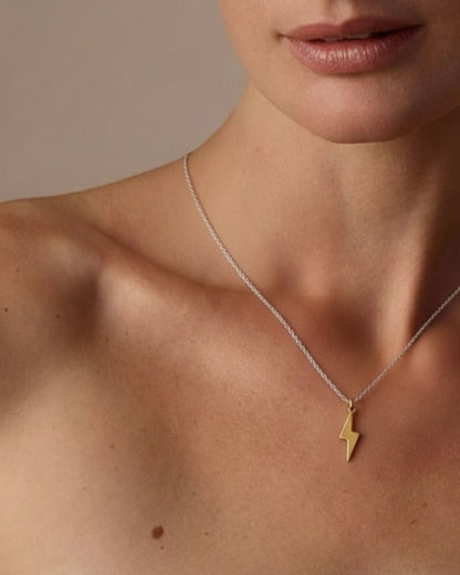 Woman wearing lightning necklace "No One Is You And That Is Your Power" 925 silver – motivational jewelry on model
