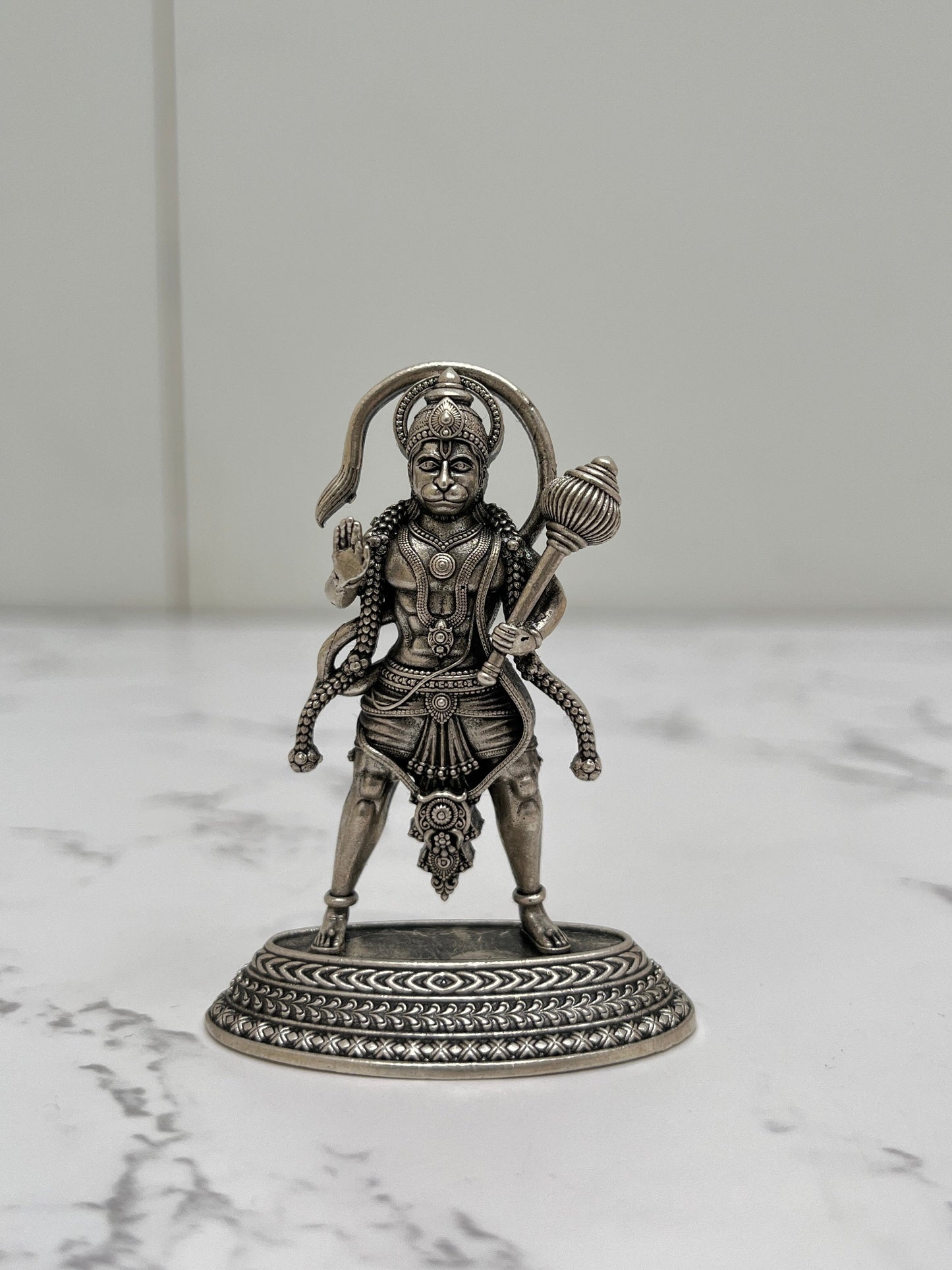 Front view 925 silver Lord Hanuman murti – handcrafted devotional idol antique finish
