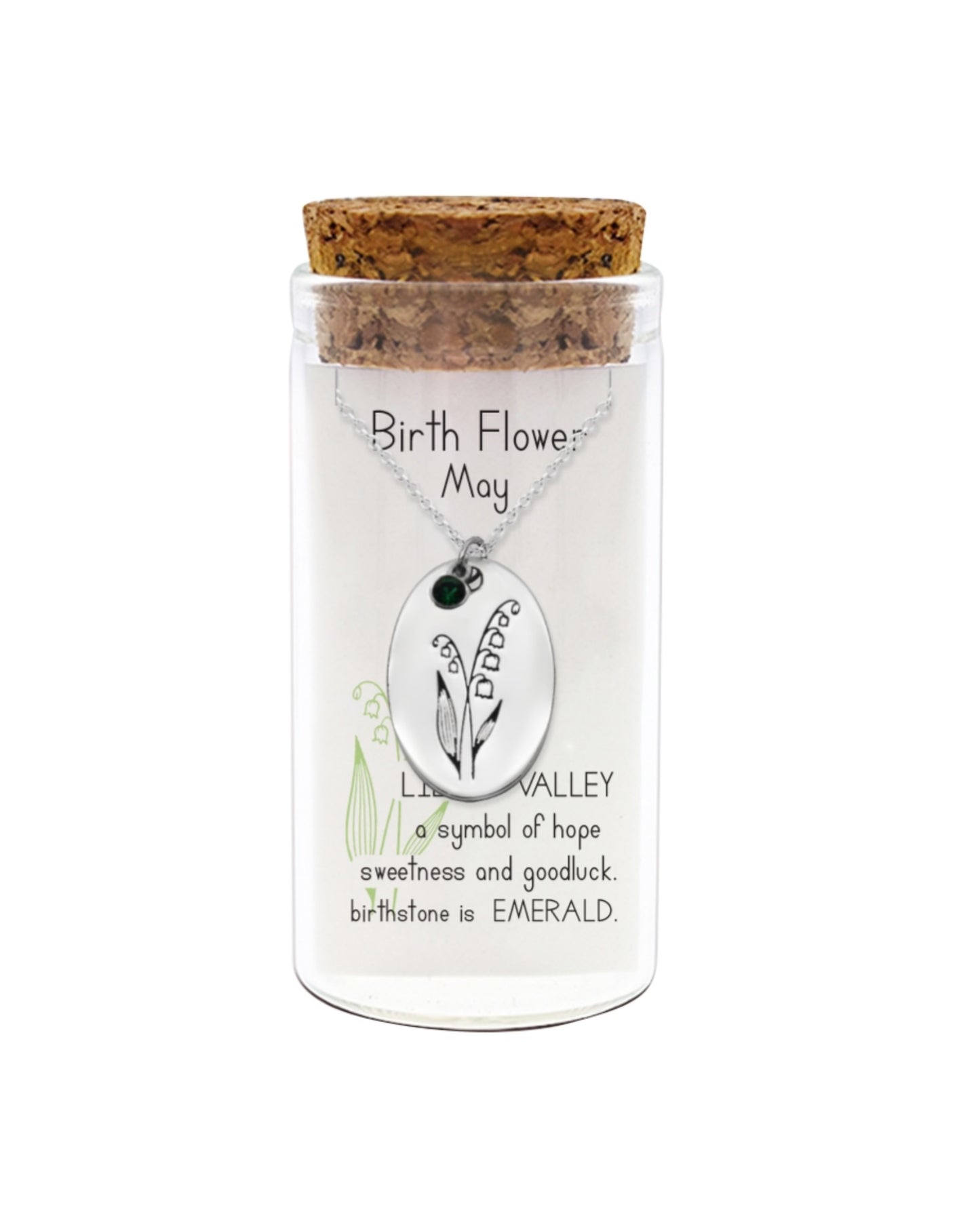 Necklace in a glass jar with cork lid, featuring a birth flower pendant for May.