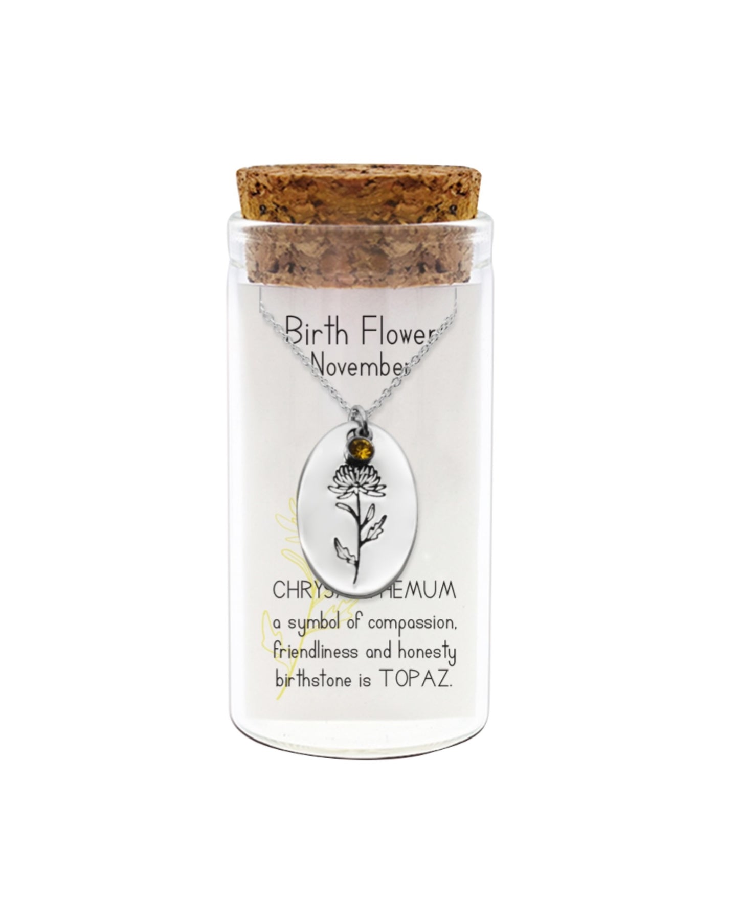 Necklace in a glass jar with cork lid on a white background