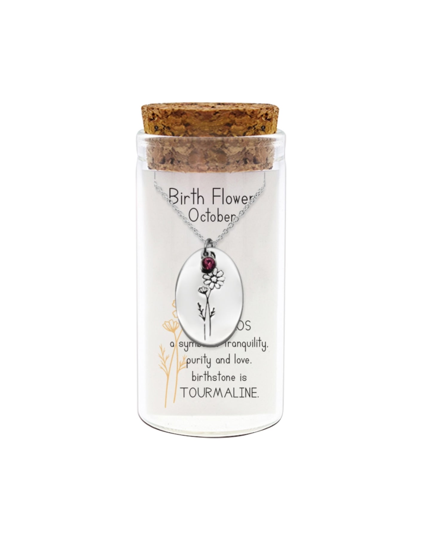 Necklace in a glass jar with cork lid, featuring a birthstone pendant for October.