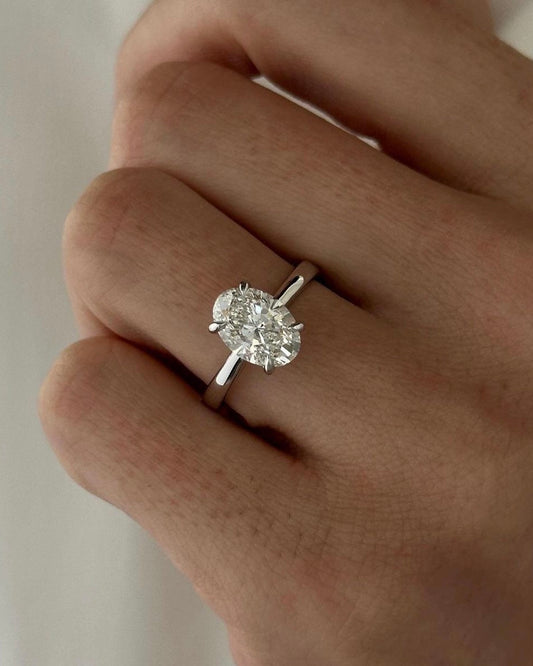 Oval solitaire ring in gold worn on hand showing scale and sparkle