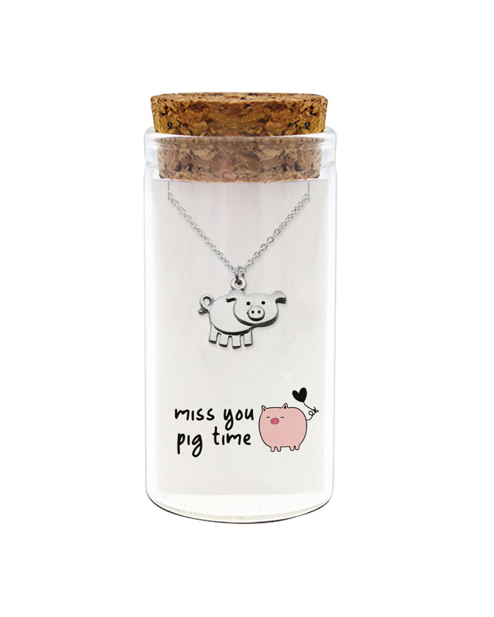 925 sterling silver pig necklace "Miss You Pig Time" in glass jar with cork lid – fun gift ready