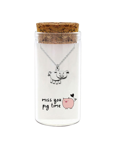 925 sterling silver pig necklace "Miss You Pig Time" in glass jar with cork lid – fun gift ready