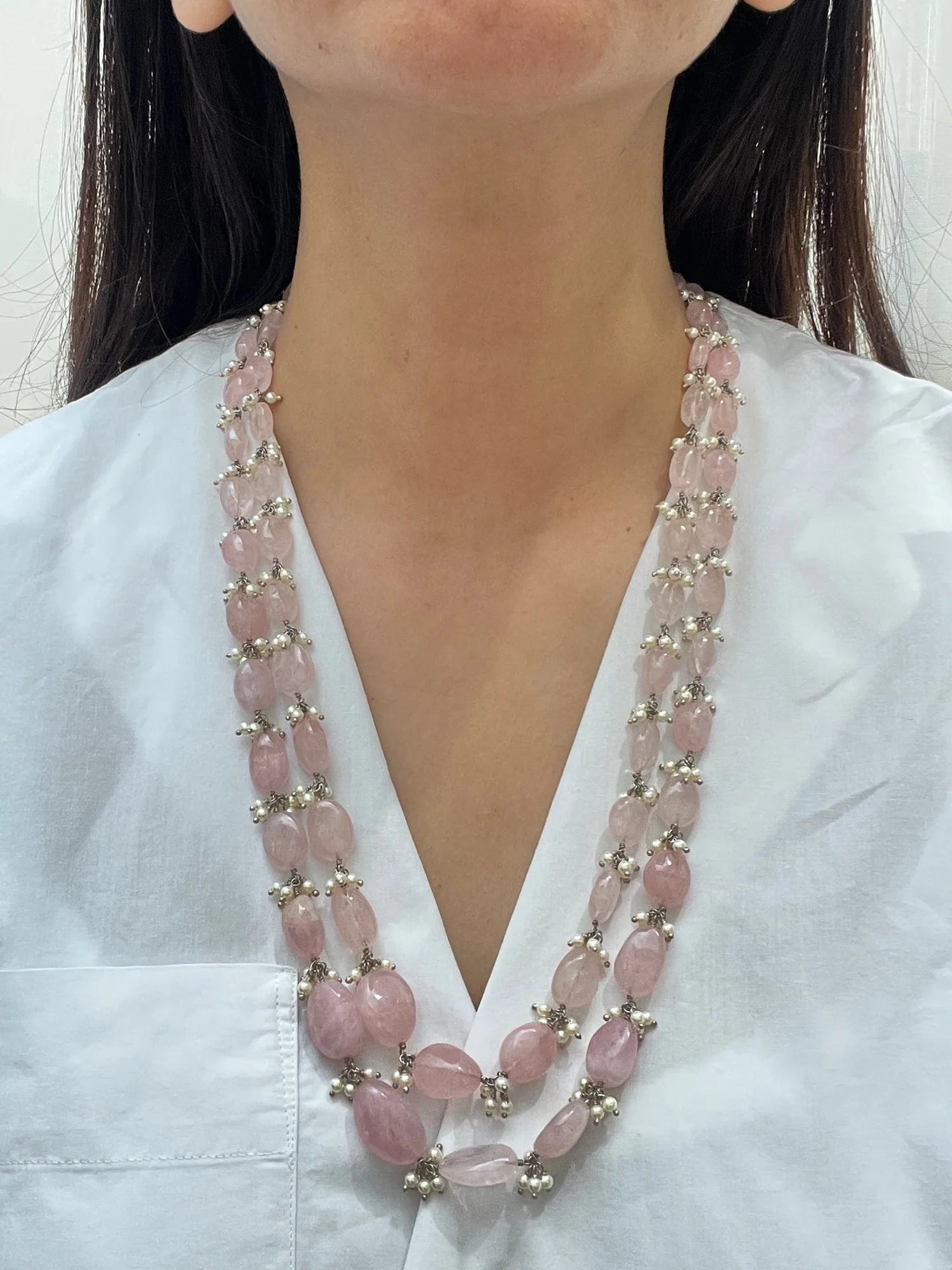 925 hallmarked sterling silver pink stone necklace with pearl beads.
