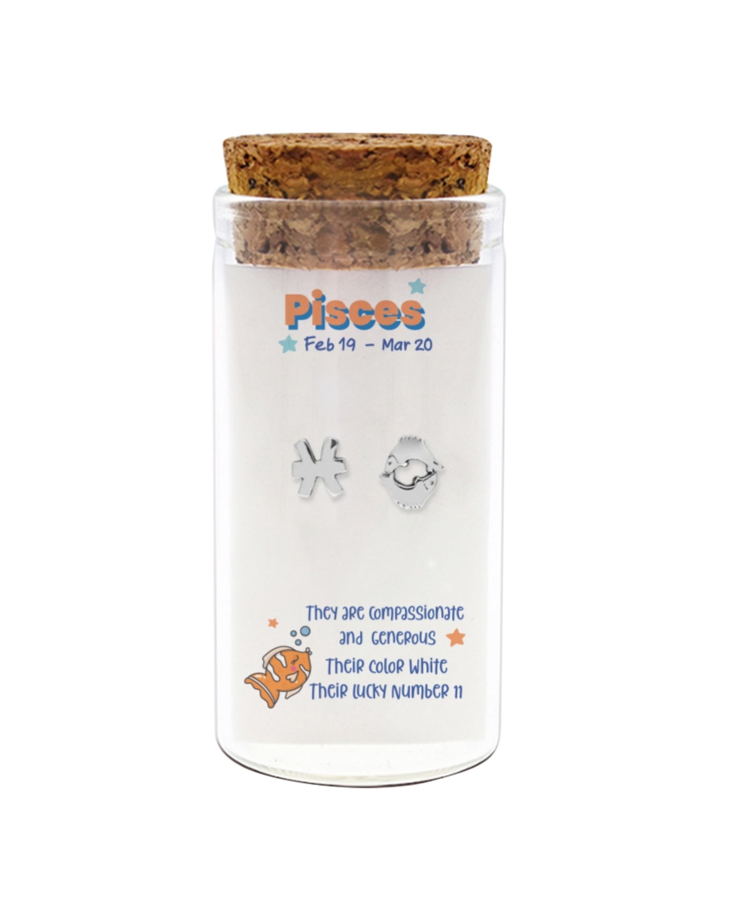 Glass jar with cork lid featuring Pisces zodiac design on a white background