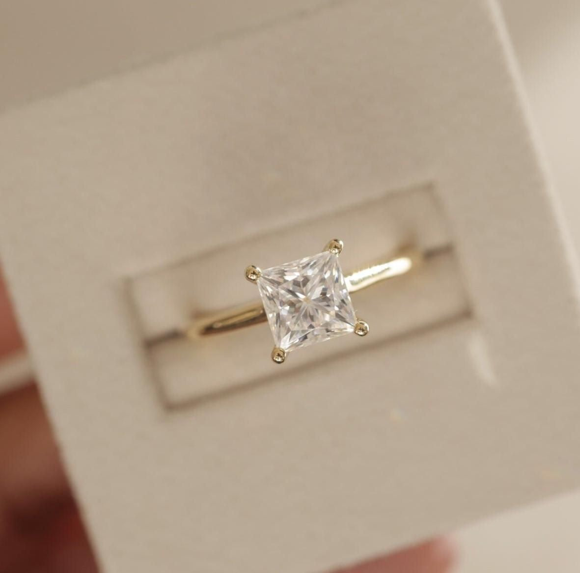 Close-up of Princess cut lab-grown diamond (G Colour VS2 Clarity) and prong setting on solitaire ring