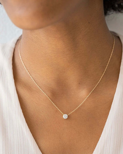 Round solitaire diamond necklace worn on neck – elegant gold diamond necklace