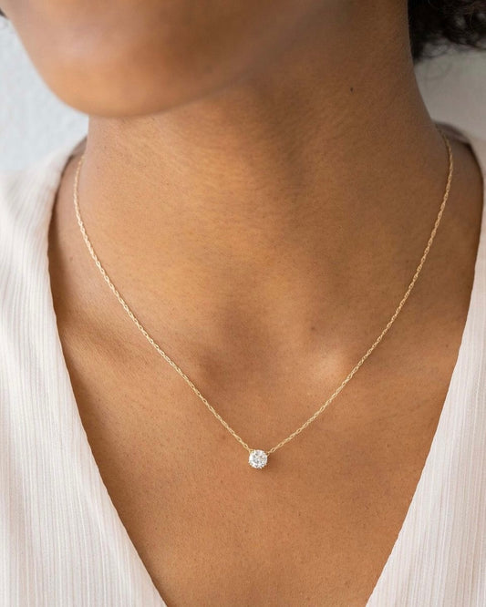 Round solitaire diamond necklace worn on neck – elegant gold diamond necklace