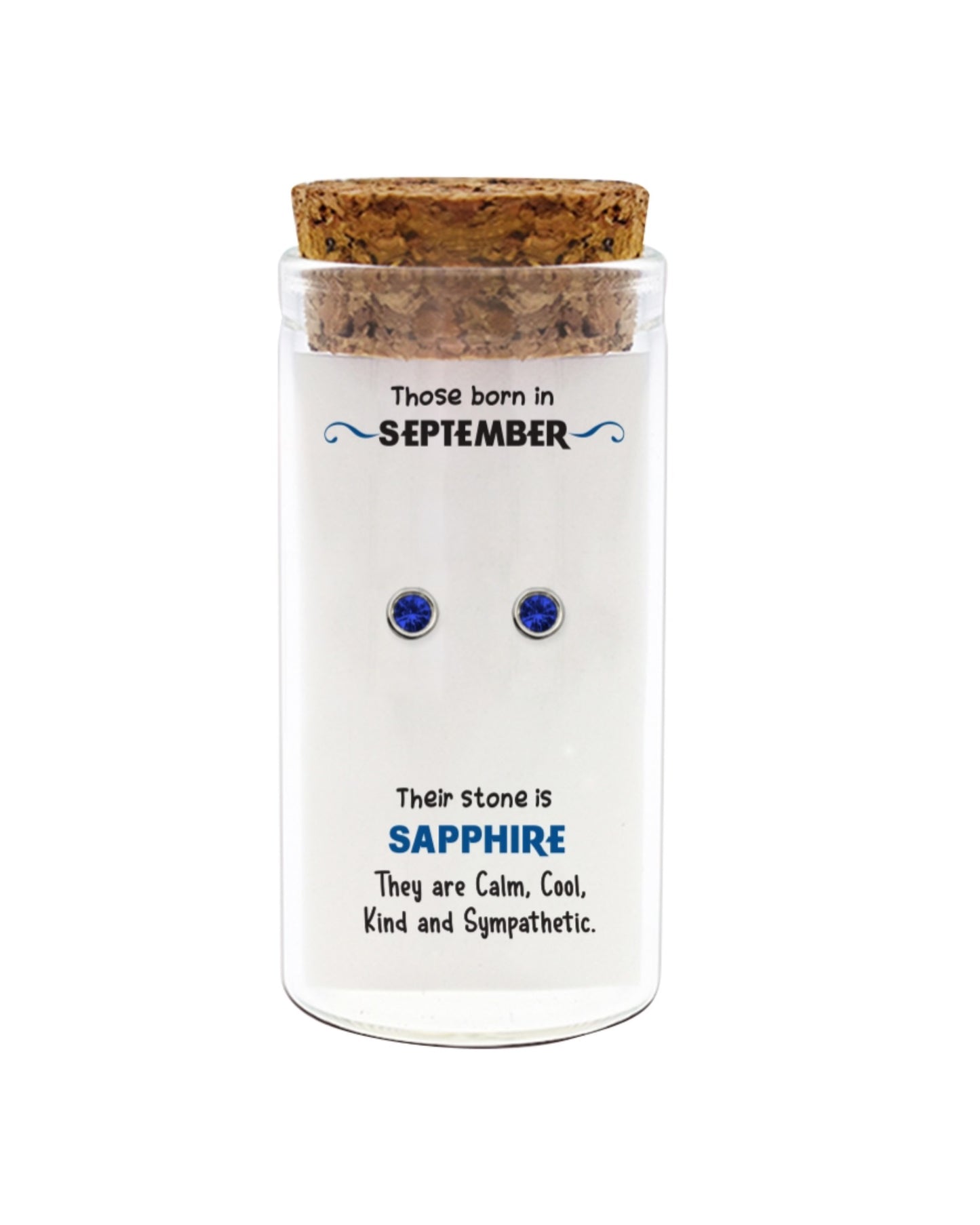 Jar with cork lid containing Sapphire gemstone earrings, labeled for people born in September.