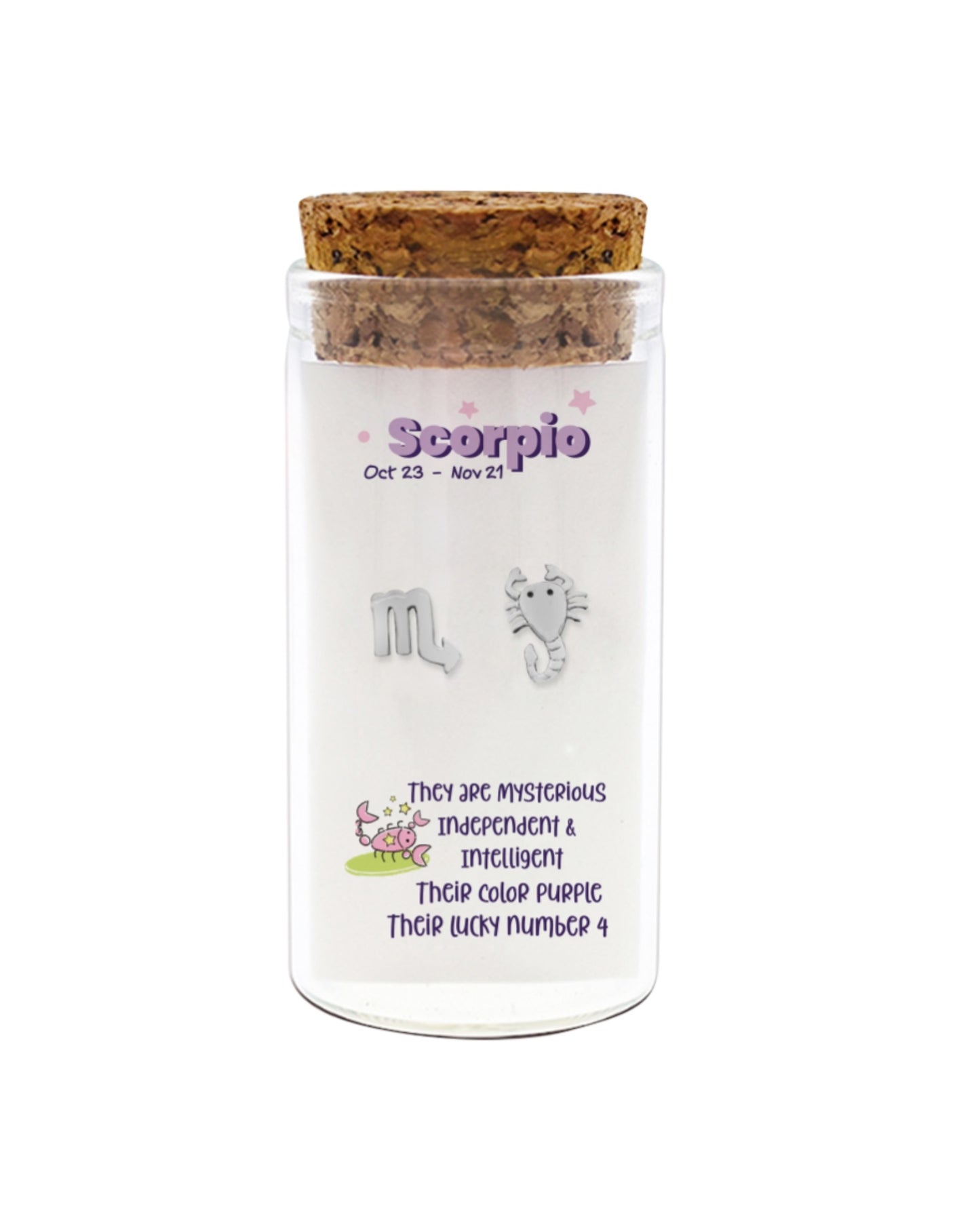 Decorative jar with cork lid featuring Scorpio zodiac sign details on a white background