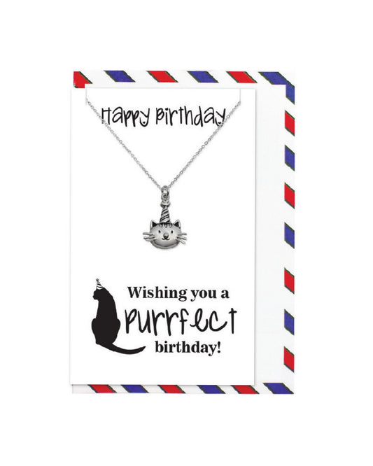 925 sterling silver birthday cat necklace "Happy Birthday" "Wishing you a purrfect birthday" with decorative card – cute cat lover gift