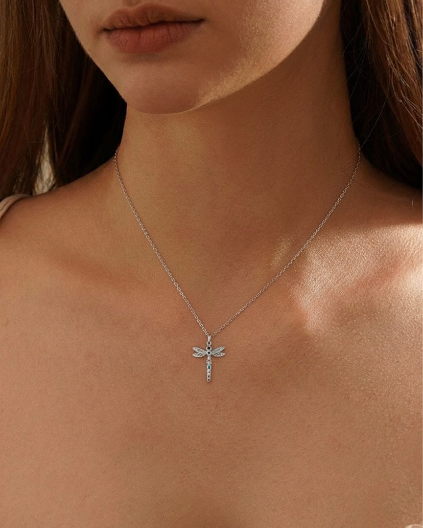 Woman wearing colorful dragonfly pendant necklace 925 silver – uplifting jewelry on model