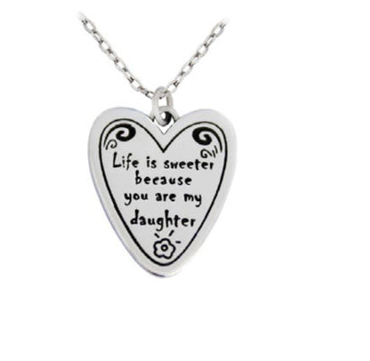 Close-up of heart pendant with "Life is sweeter because you are my Daughter" message 925 silver – detailed cute charm