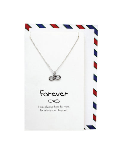 925 sterling silver infinity necklace with "Forever" and "I am always here for you. To infinity and beyond" message in striped envelope – romantic meaningful jewelry gift