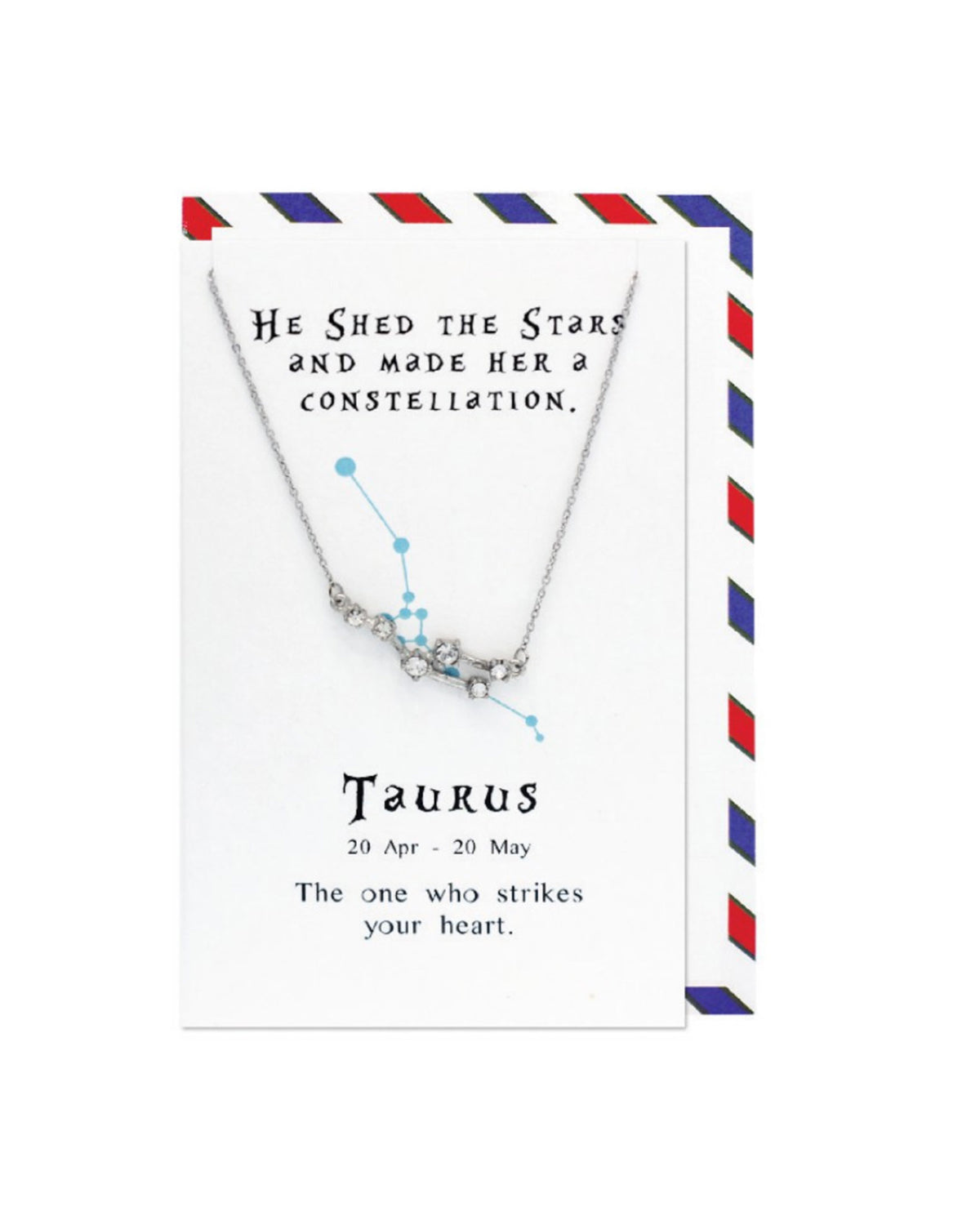 Necklace with Taurus constellation design on a card with text