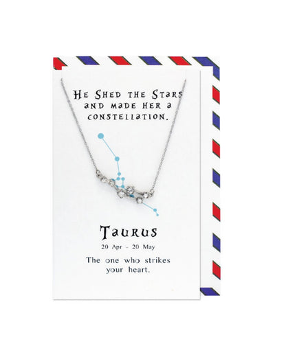 Necklace with Taurus constellation design on a card with text