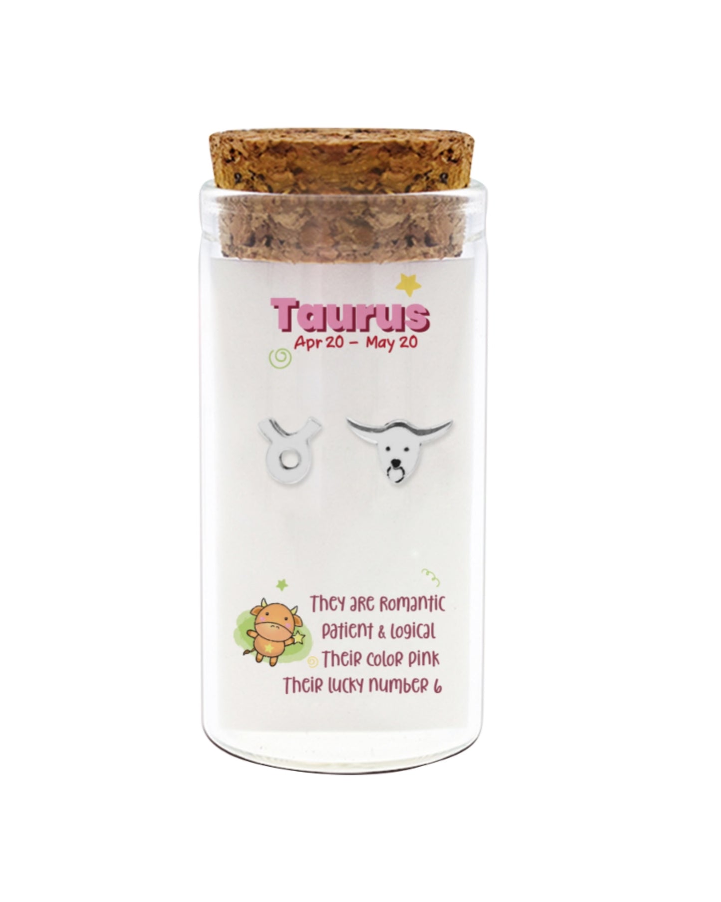 Decorative jar with Taurus zodiac design and cork lid on a white background