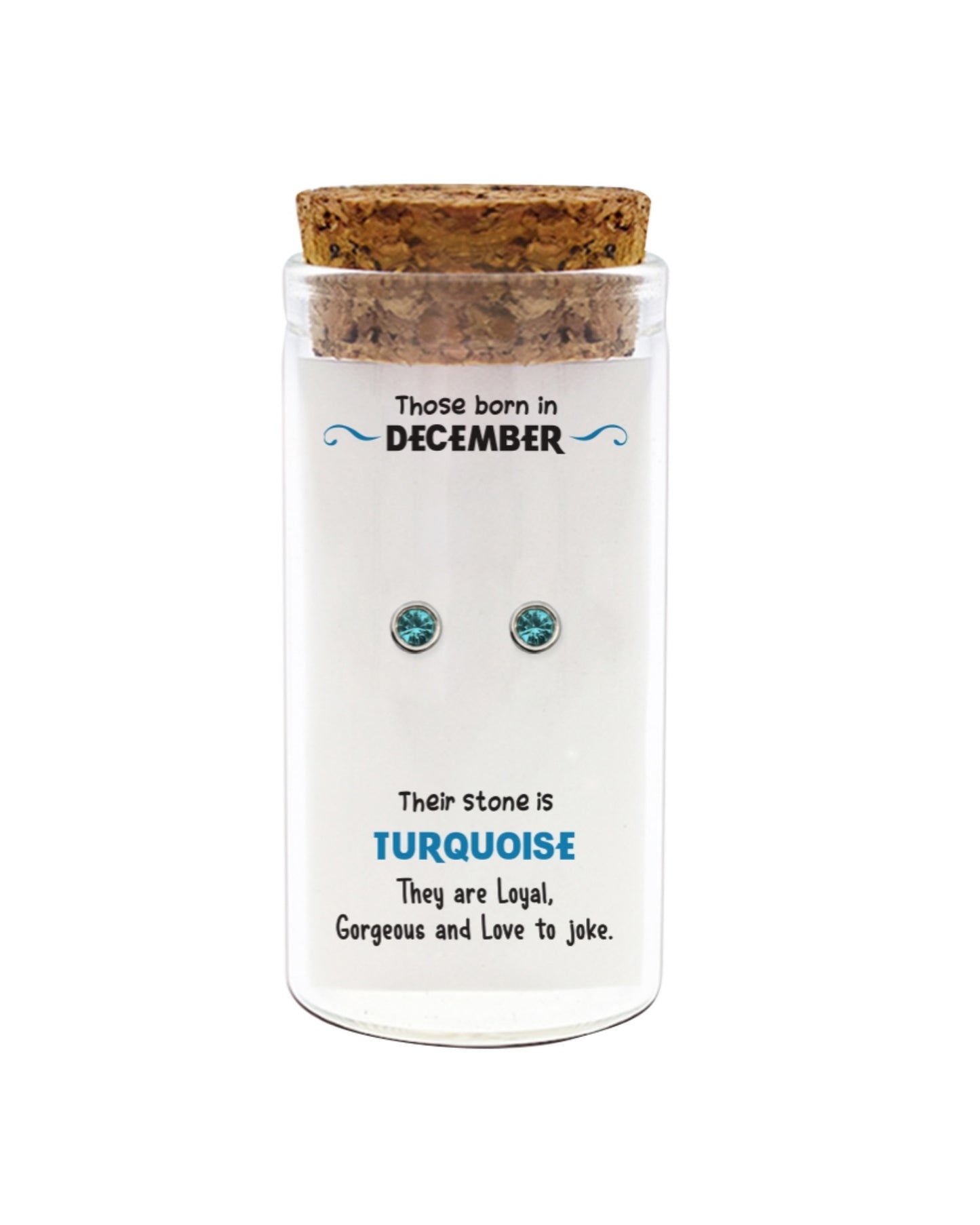 Jar of turquoise gemstone earrings with descriptive text on a white background