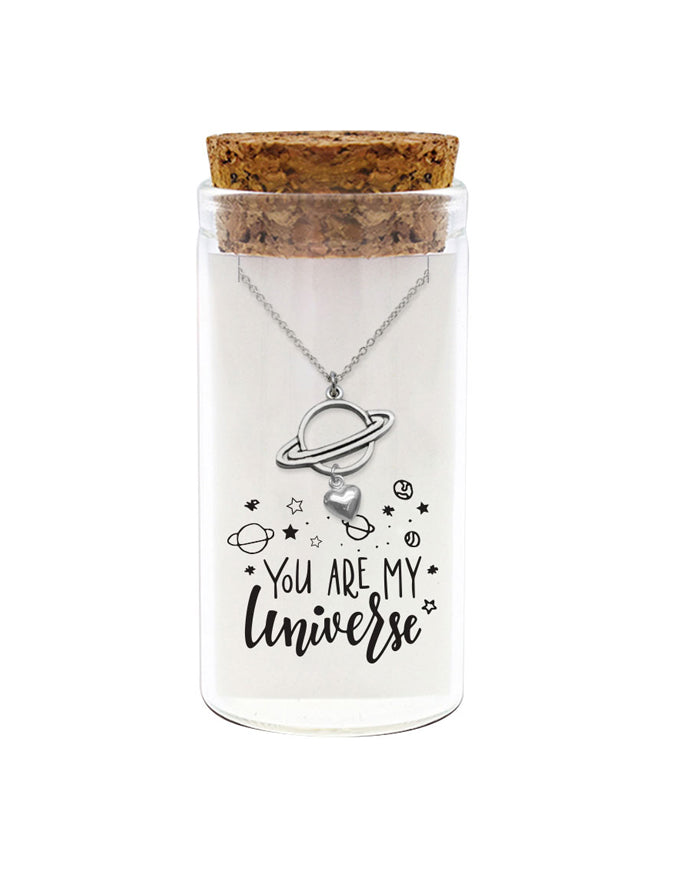 925 sterling silver "You Are My Universe" necklace with planet and heart pendant in glass jar with cork lid – romantic cosmic jewelry gift