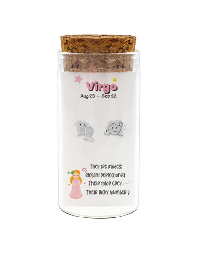 Jar with cork lid featuring Virgo zodiac information on a white background