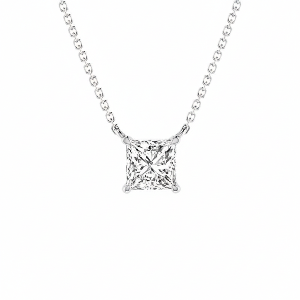 Diamond necklace with a square pendant on a white background