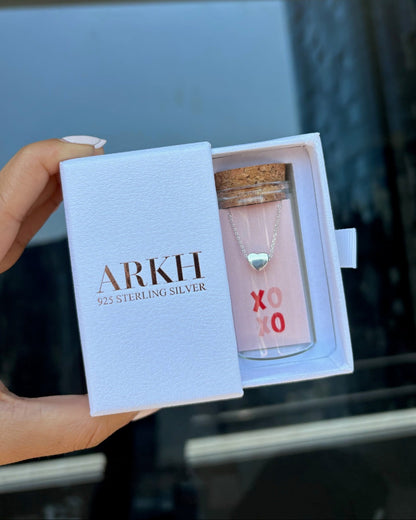 925 sterling silver heart necklace in glass jar with cork lid and XOXO design – romantic love gift