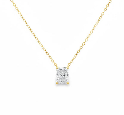 Gold necklace with a diamond pendant on a white background