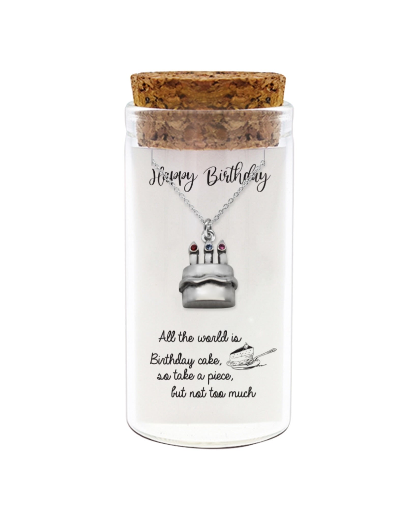 925 sterling silver birthday cake necklace with "Happy Birthday" quote in glass jar with cork lid – cute birthday gift