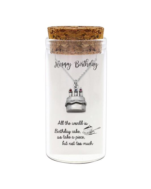 925 sterling silver birthday cake necklace with "Happy Birthday" quote in glass jar with cork lid – cute birthday gift