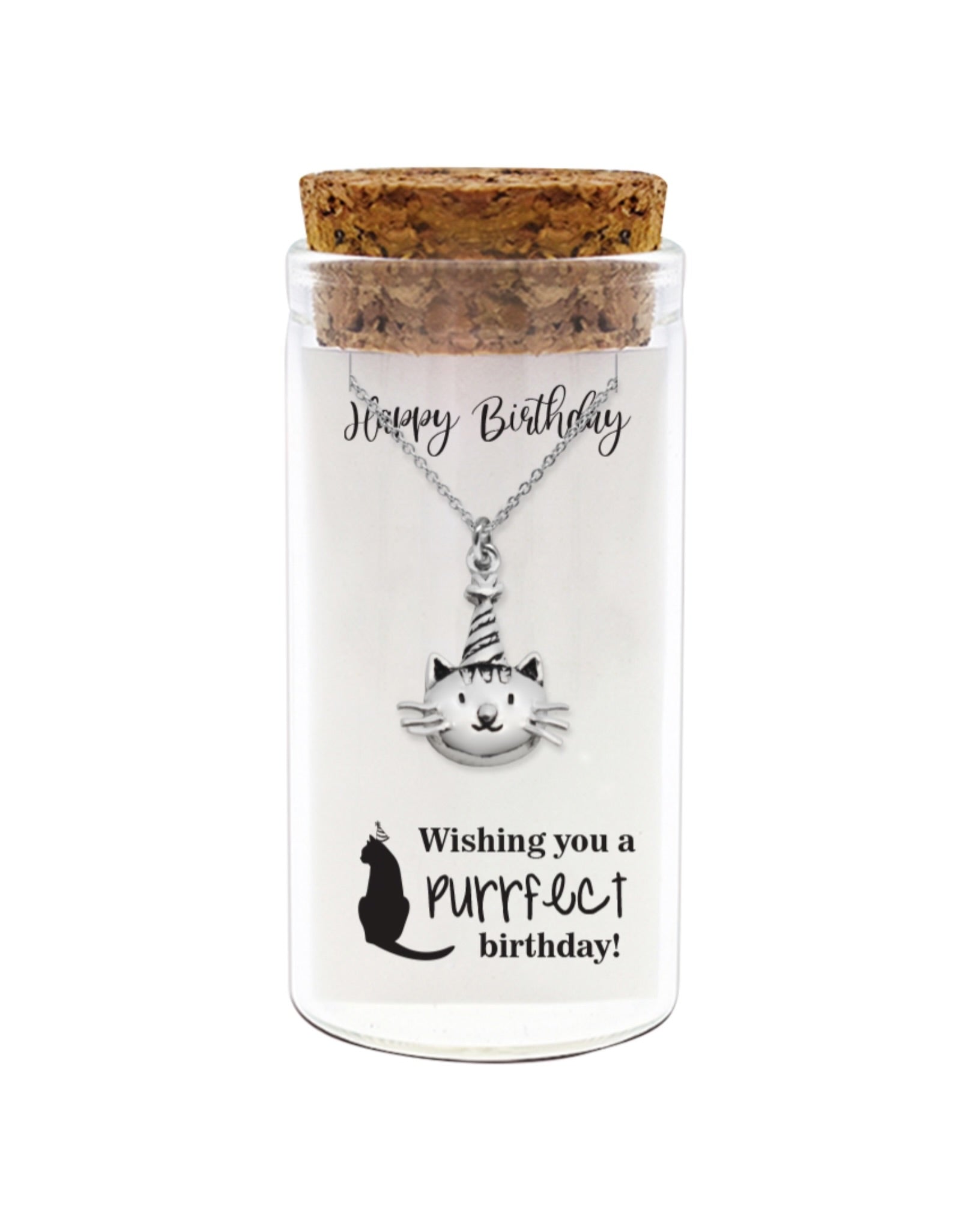 925 sterling silver birthday cat necklace "Happy Birthday" "Wishing you a purrfect birthday" in glass jar with cork lid – cute cat lover gift