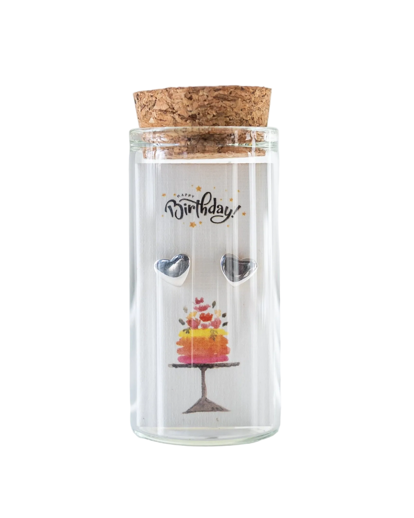 925 sterling silver birthday heart stud earrings with hand-drawn cake illustration in glass jar with cork lid – cute birthday gift