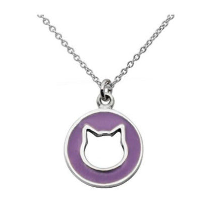 Close-up of cat charm pendant with purple circle and message 925 silver – detailed cute cat jewelry