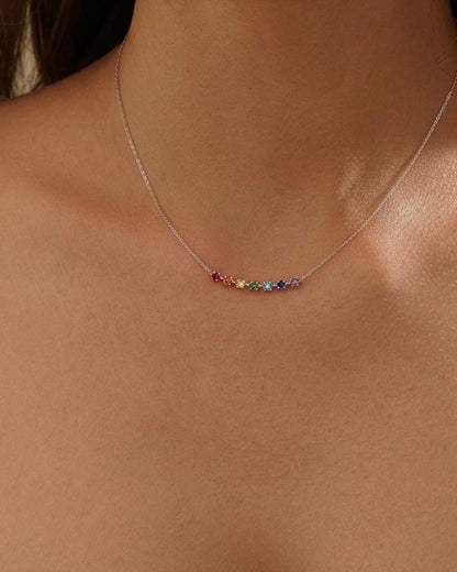 Model wearing chakra necklace – vibrant rainbow chakra stones