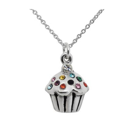 Close-up of cute cupcake pendant with "Happiness is only a cupcake away" message on 925 sterling silver necklace