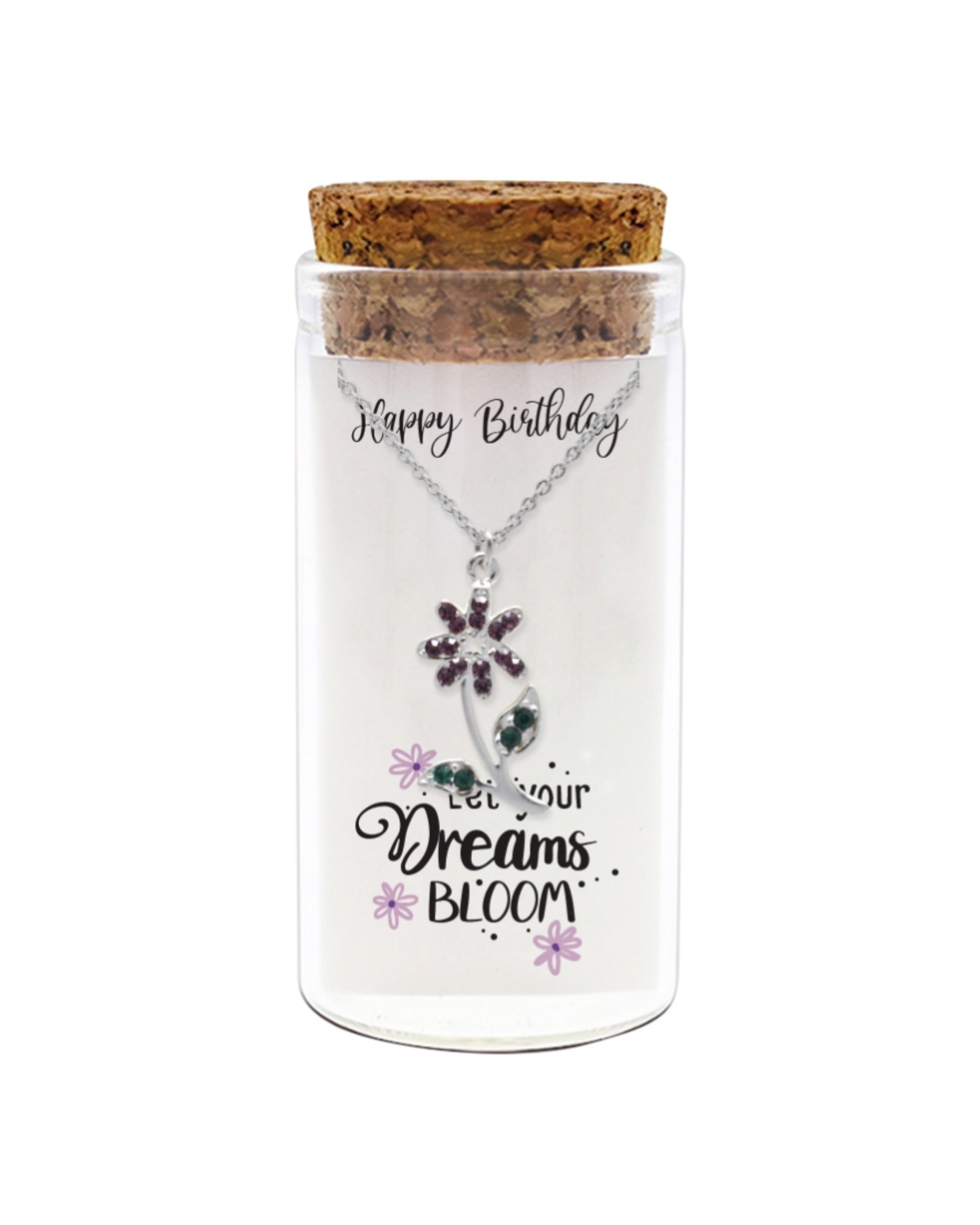 925 sterling silver floral necklace with "Happy Birthday" and "Let your Dreams Bloom" message in glass jar with cork lid – inspirational birthday jewelry gift