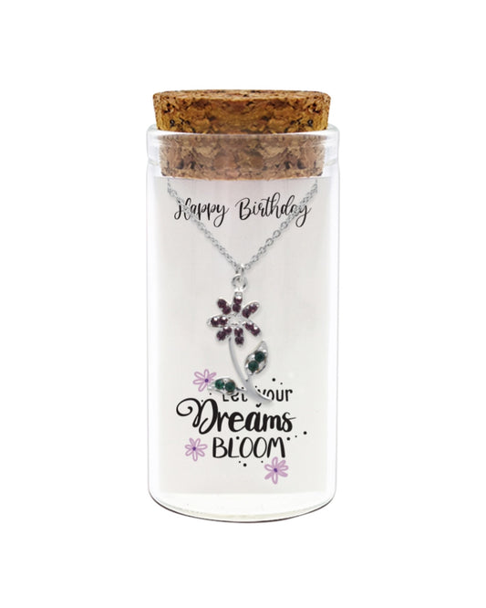 925 sterling silver floral necklace with "Happy Birthday" and "Let your Dreams Bloom" message in glass jar with cork lid – inspirational birthday jewelry gift